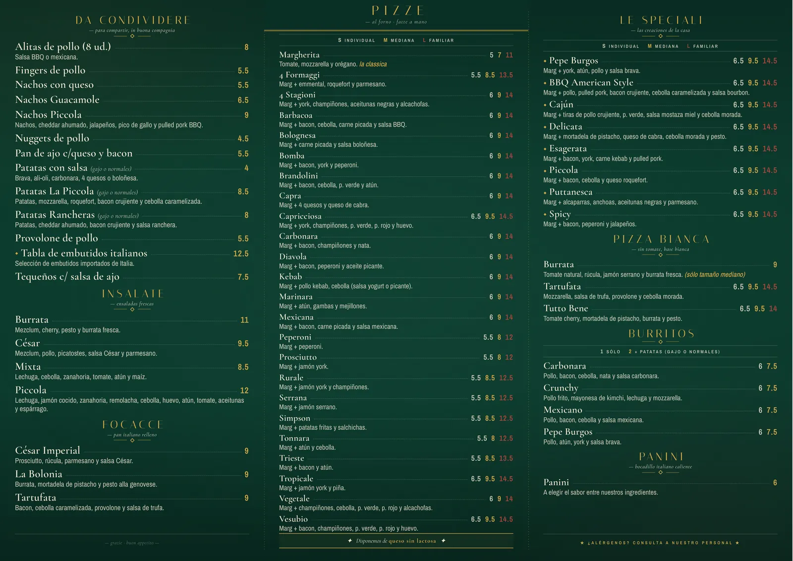 Carta de Piccola Pizzorante
