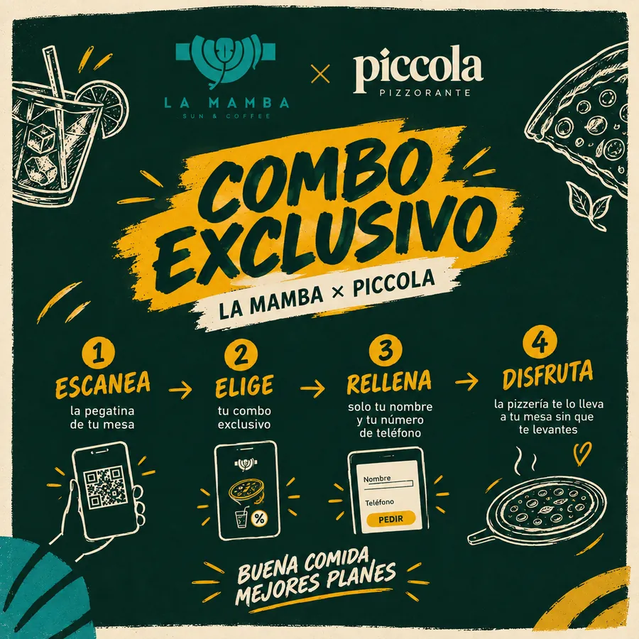 Cartel del combo exclusivo La Mamba × Piccola con los pasos para pedir por QR