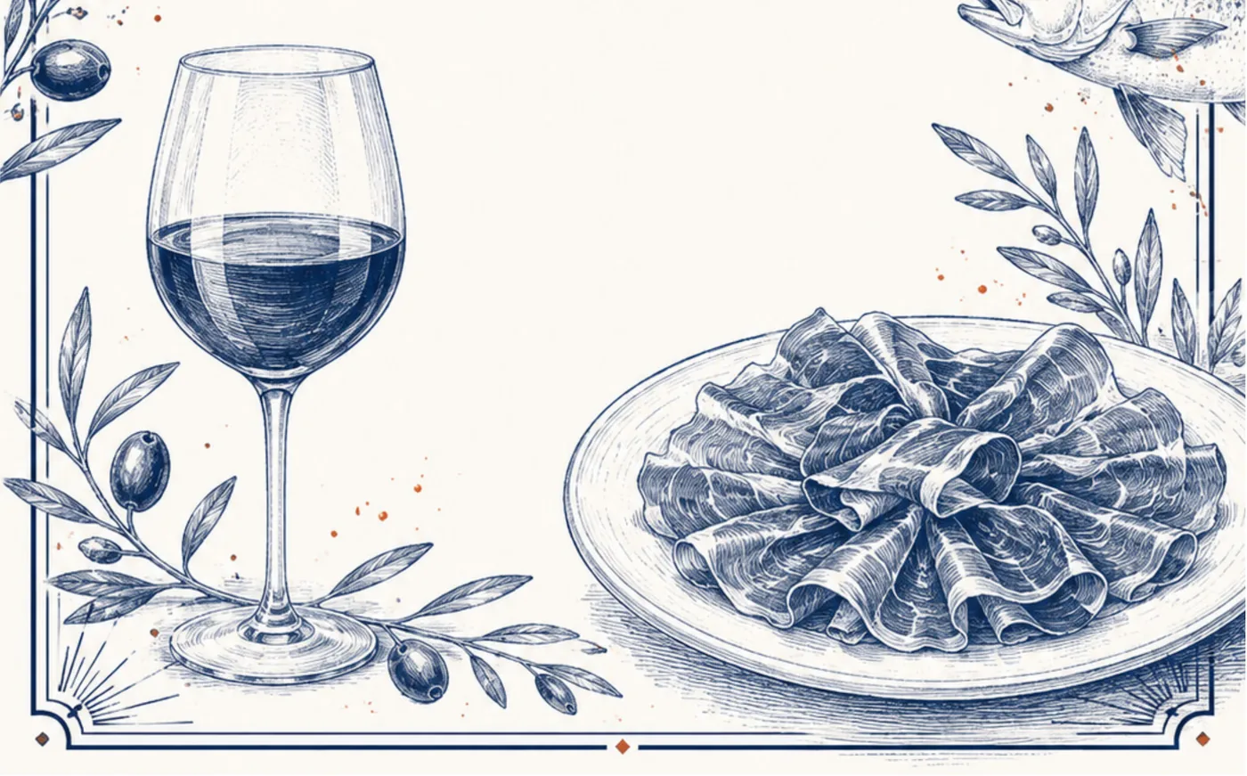 Ilustración de la portada: copa de vino, plato de jamón, olivo y pescado